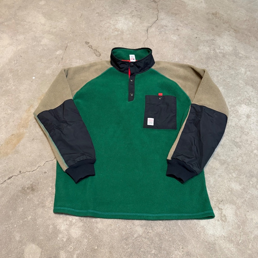 Topo Designs Fleece Pullover Mens L Green Tan Colorblock Snap Neck Made in USA